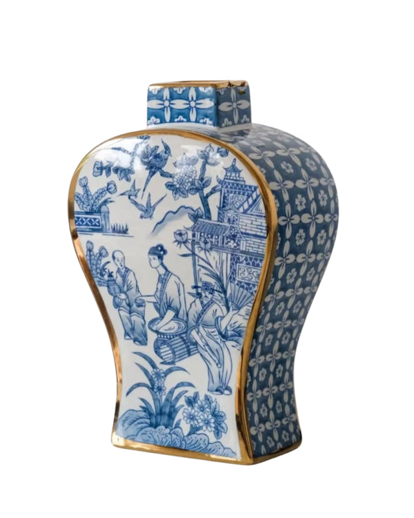 Blauw-witte porseleinen vaas met gouden accenten