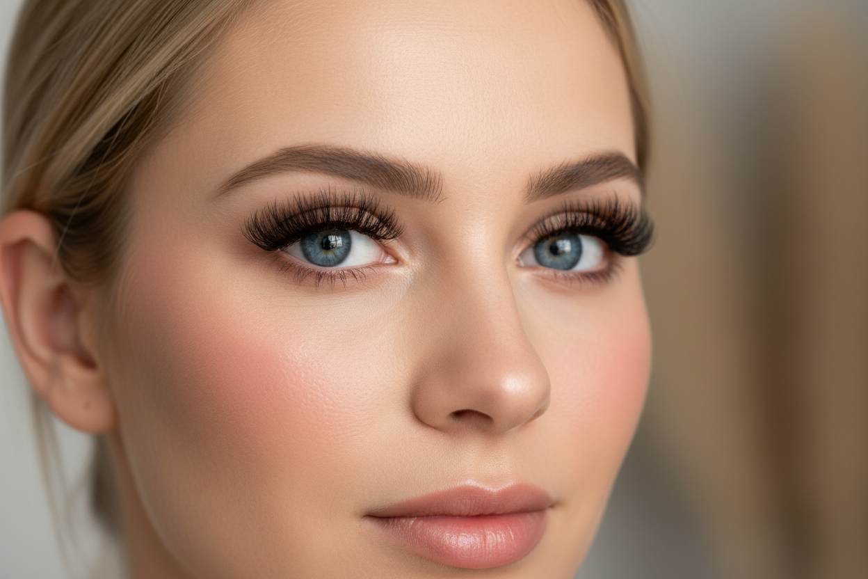 blonde vrouw met blauwe ogen en wimperextensions