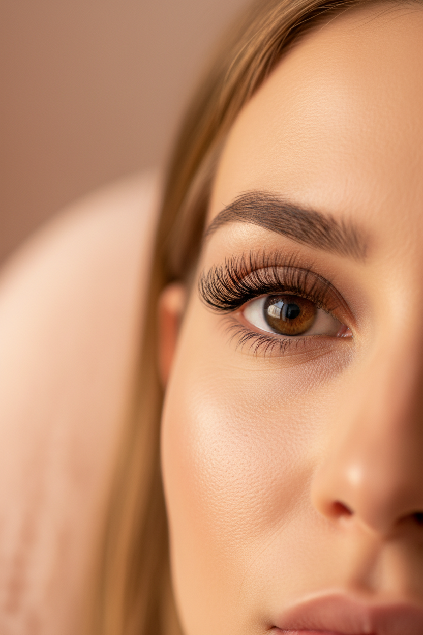 een portretfoto van een knappe vrouw met mooie natuurlijke wimperextensions op haar ogen