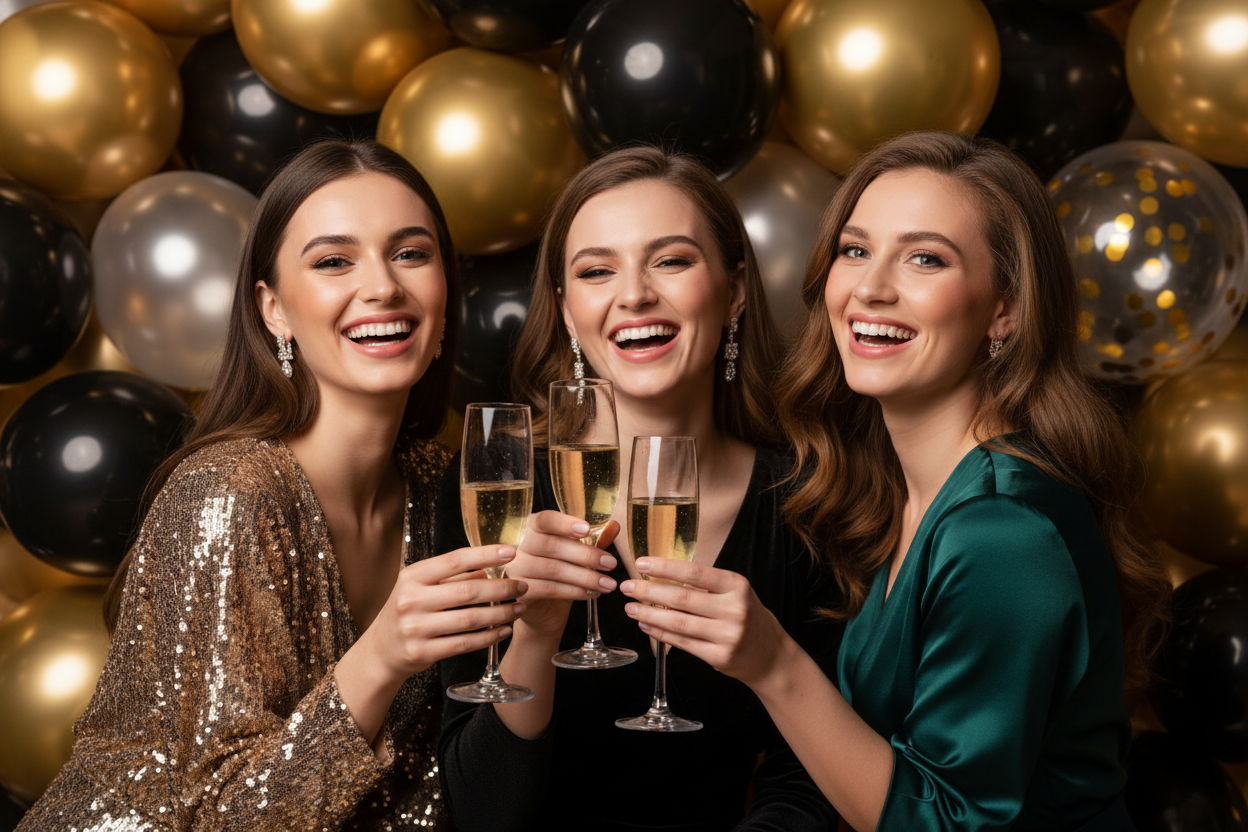 make a pictore of 3 women with beautiful lashes, laughing with each other. Champagne in their hands. In the background golden and black balloons.
