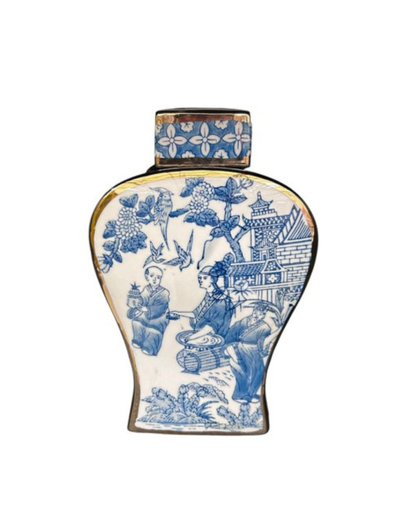 Blauw-witte porseleinen vaas met gouden accenten